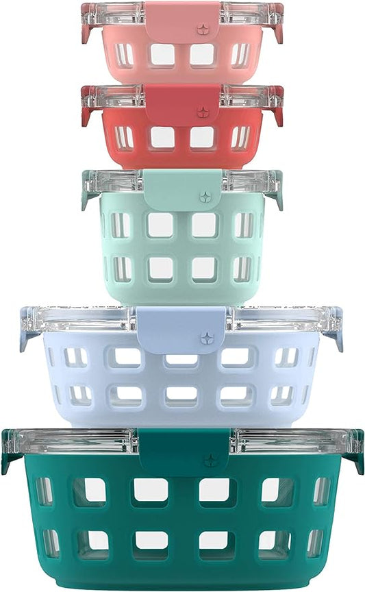 Ello Duraglass Mixed Meal Prep Sets Leak-Proof Glass Food Storage Containers with Silicone Sleeves and Airtight BPA-Free Lids, Dishwasher, Microwave, and Freezer Safe