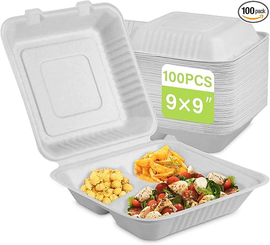 9x9 Clamshell Food Containers, 100 Pack Disposable Take Out Food Container With 3 Compartments, Compostable To Go Boxes, Eco Friendly To Go Containers With White Bagasse