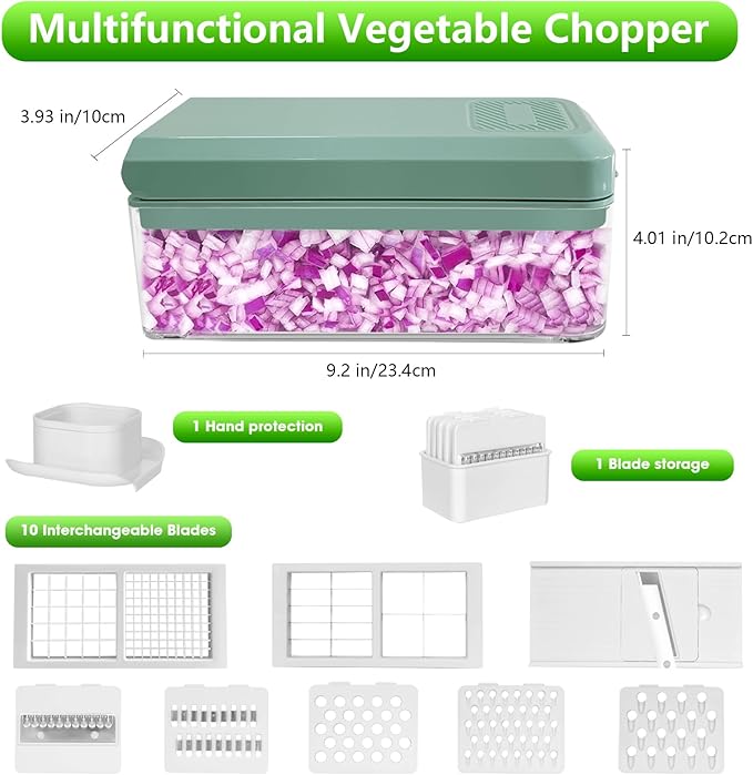Vegetable Chopper, Onion Chopper Dicer, Mandoline Slicer, Food Chopper with Container, Vegetable Cutter for Salad Potato Carrot Garlic（10 Blades, Blue White）
