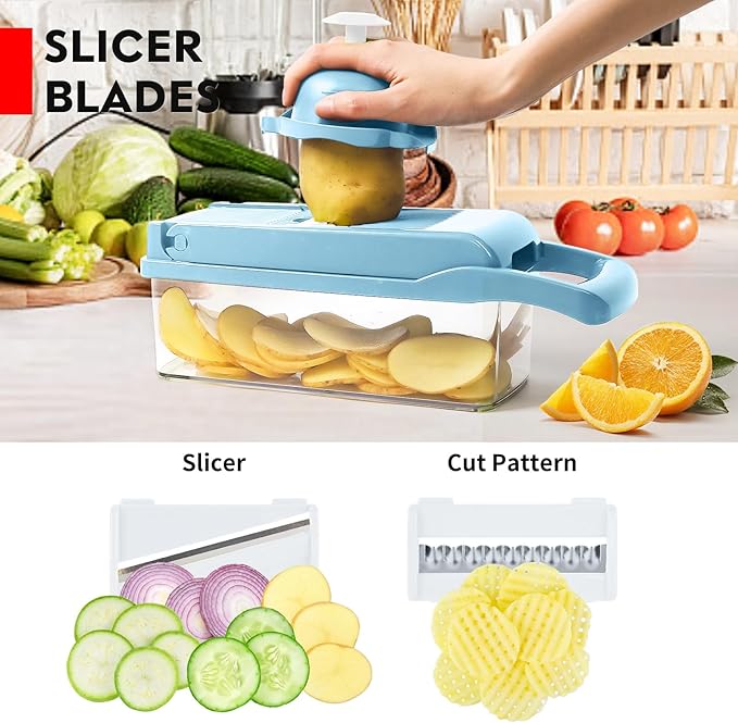 Vegetable Chopper Pro, Multifunctional 13 in 1 Food Chopper, Kitchen Vegetable Slicer Dicer Cutter With 8 Blades for Onion Carrot and Garlic With Container (Blue)
