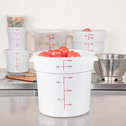 Restaurantware-Met Lux 18 Quart Food Storage Containers, 10 White Storage Containers - Lids Sold Separately, Red Volume Markers, Dishwashable Containers, Side Handles, For Storing Foods