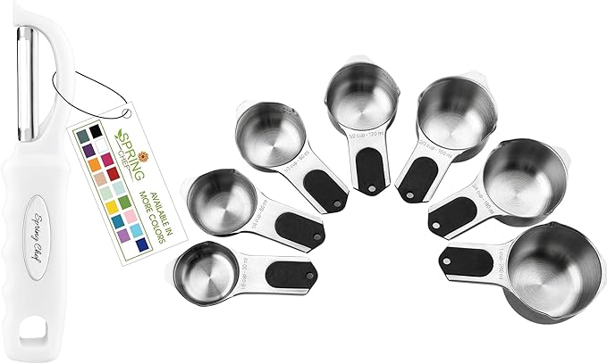 Spring Chef Premium Swivel Vegetable Peeler, White & Stainless Steel Magnetic Measuring Cups, Set of 7, Black - 2 Product Bundle
