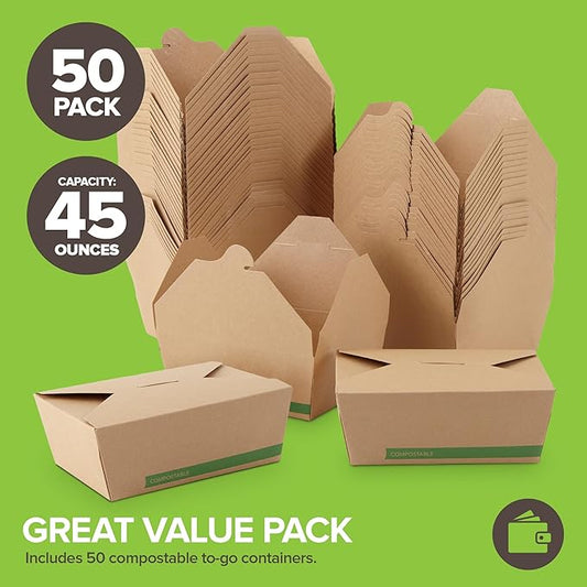 (Set of 50) 45oz Food Compostable Take Out Containers Disposable, Medium Microwaveable Paper To Go Boxes, Grease Resistant Natural Kraft Cardboard Lunch Box, Takeout, Biodegradable, Eco-Friendly
