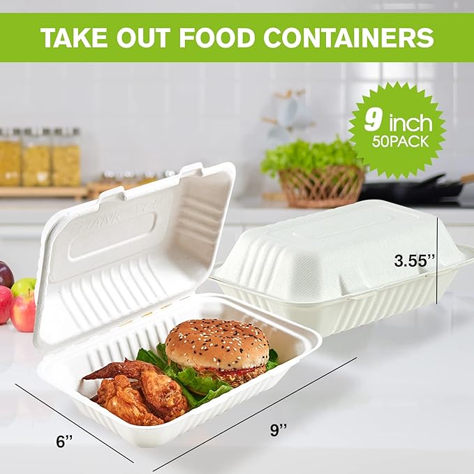 ECOLipak Clamshell Take Out Food Containers, 9 * 6 inch 75-Pack Disposable To Go Containers, To Go Boxes for Food Salad