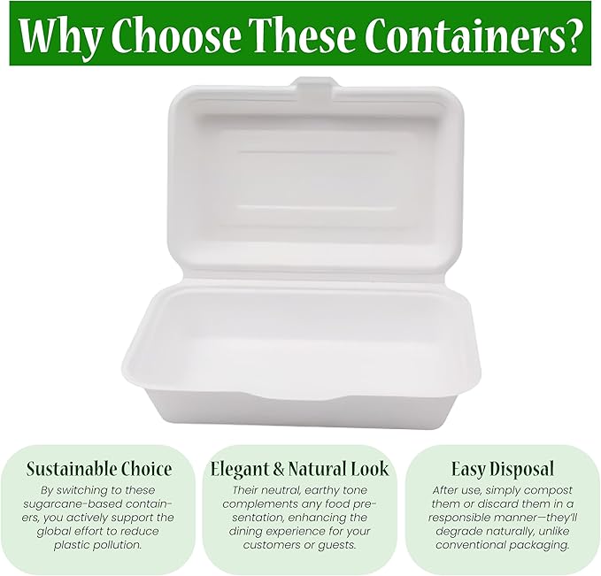 100% Compostable Single Compartment Take Out Food Containers 9x6". 25 Containers, Natural Disposable Bagasse, Eco-Friendly Biodegradable Made of Sugar Cane-Package of 25ct