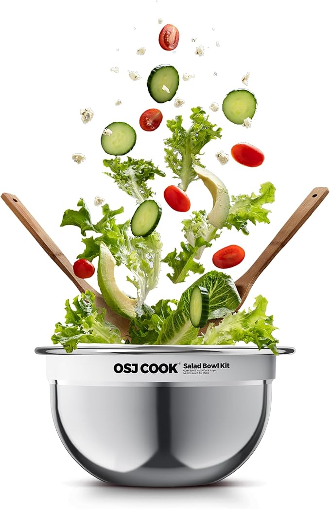 18/8 Stainless Steel Salad Bowl Kit - 51oz, Mixing Bowls with Lids Set, Silver - Comes with 1.7oz Condiment Container and Removable Tray for Organization - Leak-Proof, Easy to Clean, Dishwasher Safe