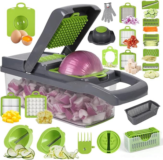 Multifunctional vegetable cutter 23 in 1 vegetable slicer, cucumber slicer, potatoes, tomatoes, zucchini, garlic, eggs, vegetable cutter with container and lid, salad cutter, dicing machine, shredder
