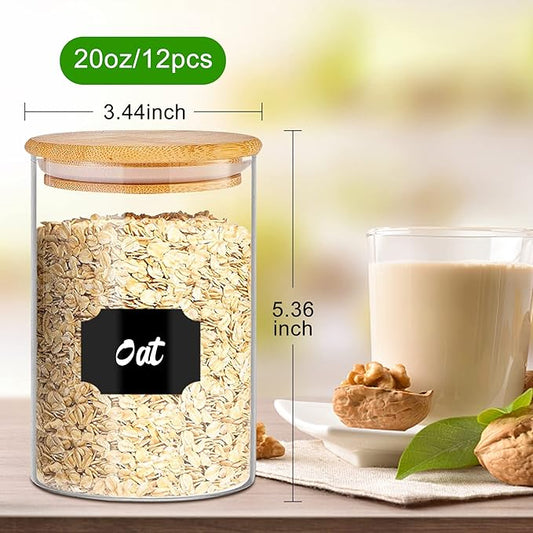 Glass Jars with Bamboo Lids 20 oz, 12 Pcs Stackable Kitchen Glass Pantry Storage Containers with Bamboo Lids for Rice, Candy, Sugar, Flour, Nuts, Cookie, Bean