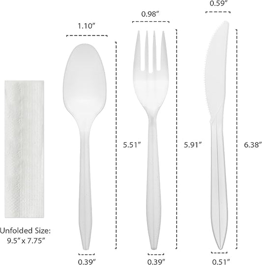 Party Essentials Individually Wrapped Plastic Cutlery Packets/Silverware Kits, White Fork/Spoon/Knife/Napkin, 100 Sets