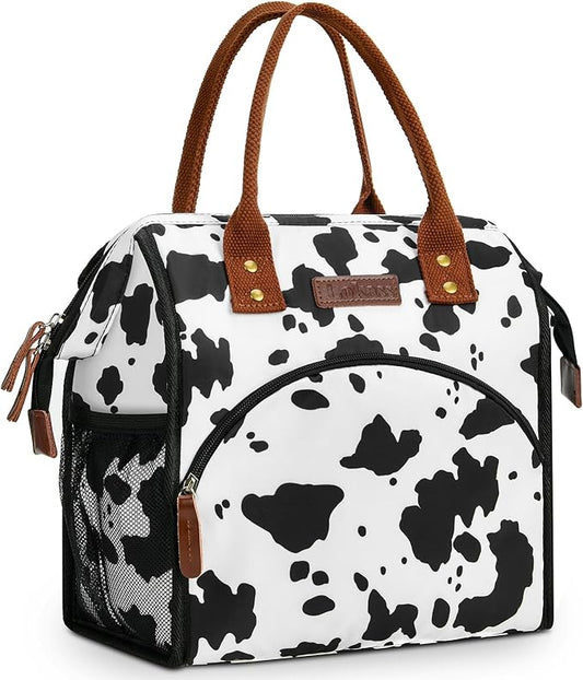 LOKASS Lunch Box for Women-Insulated Adults Lunch Bag with Front Pocket-Cute Lunch Tote for Work-Reusable Cow Print Cooler Bag for Office Picnic Beach or Travel