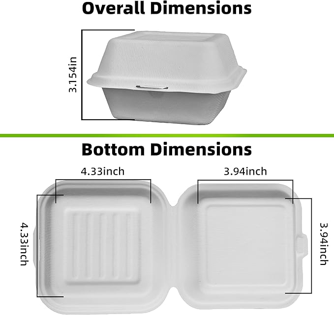 ‌LxinsECO 6X6 Inch Clamshell Containers (75-pack), Disposable Compostable Bagasse Dessert & Sandwiches Boxes, Microwave & Freezer Safe for Restaurants, Picnic, To-Go Meals Out