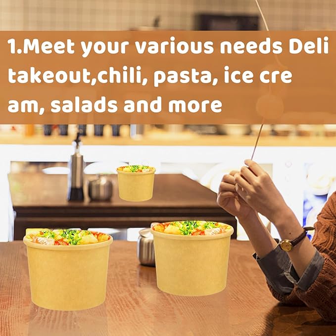 12 oz 75 Pack Paper Soup Containers with lids, Disposable Kraft Food Cups, Soup Cups Paper Ice Cream Cup, Dessert Cup, Yogurt Ice Cream Containers. Great For Restaurants, Take Outs, or To-Go Lunch