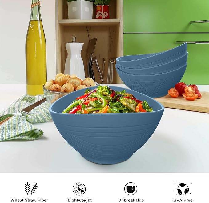 65 OZ Wheta Straw Bowls Set - Unbreakable Large Salad Bowl 4 PCS, Large Capacity Kitchen Bowls Microwave & Dishwasher Safe Serving Bowl for Salad, Popcorn, Chip (Blue)