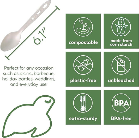 100% Compostable Non Plastic Spoons [100 Pack] CPLA Disposable Spoons. Non Plastic Silverware Set. Eco-Friendly Cutlery, Off White Flatware, Extra Sturdy Utensils, by Earth's Natural Alternative