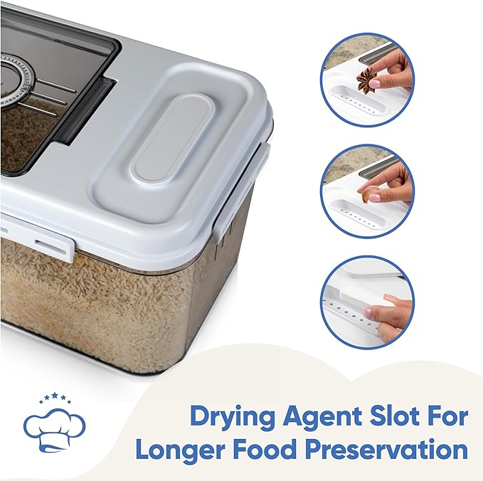 Chef's Path Extra Large Airtight Rice Storage Container with Measuring Cup, Pack of 1, 8 L Capacity, Kitchen and Pantry Canister for Rice, Flour, Sugar, and Baking Supplies