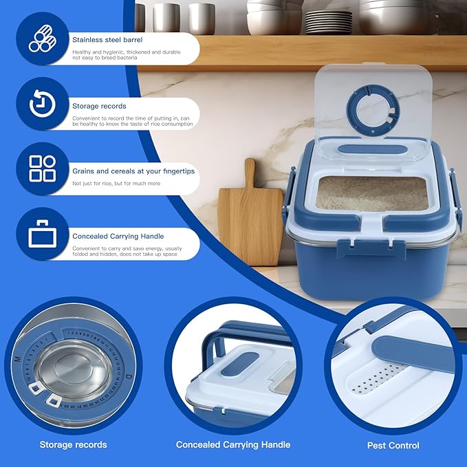 PENCK 15lbs Airtight Rice Storage Container Stainless Steel Flour Sugar Dispenser Food Box Holder Grain Cereal Bin with Measuring Cup for Kitchen Pantry Countertop, Blue