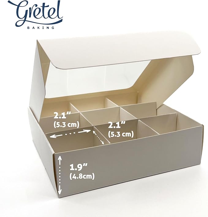 Treat boxes with window and dividers | 9 SMALL compartments | 6.5 x 6.5x 1.9 in | Chocolate covered strawberries supplies, macaron boxes, baked goods packaging | 10-pack (White)