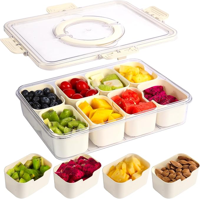Divided Snackle Box Container - 8 Compartments serving tray with Lid and Handle - Reusable Refrigerator Snack Fruit Veggie Tray - Airtight Kitchen Food Storage Organizer Travel Nuts Candies
