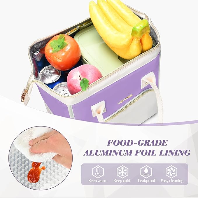 LOKASS Lunch Bag Women Insulated Lunch Box, Wide-Open Lunch Tote Bag Leak-proof Cooler Bag for Work Picnic-（Light Purple）