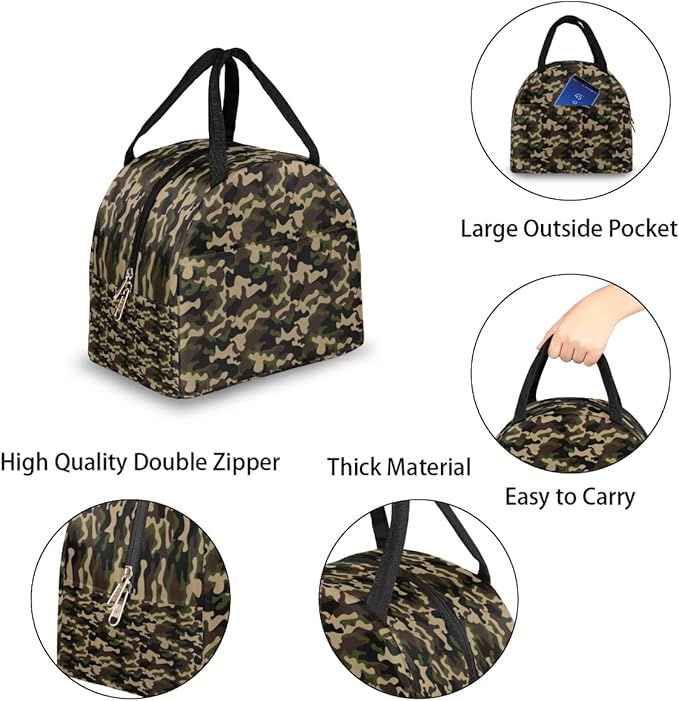 Insulated Lunch Bag for Women Men Green Brown Camouflage Waterproof Thermal Tote Bag Reusable Lunch Box Container Lunch Holder Leakproof Lunch Cooler Bag Picnic Travel Work
