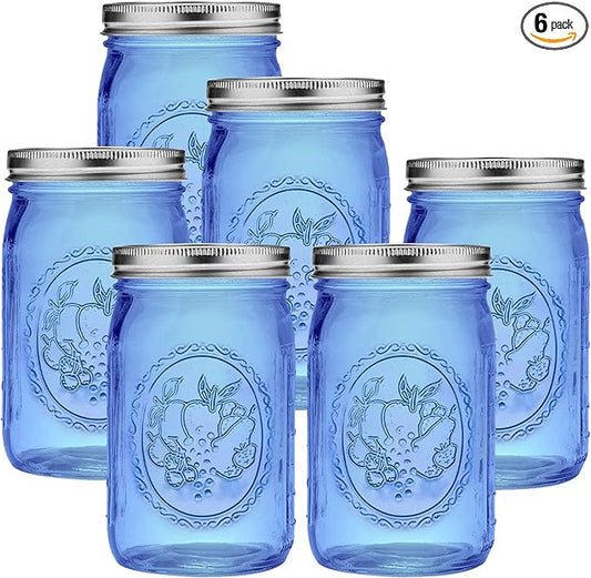 eleganttime Blue Wide Mouth Mason Jars 32 oz,6 Pack Colored Quart Glass Canning Jars with Airtight Lids for Canning,Pickling,Storage,DIY Crafts & Décor