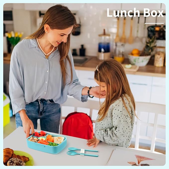 Bento Lunch Box with Kids/Adults, 5 Compartments Leakproof Lunch Container with Dressing Cup, Eco-Friendly Double Insulated Boxes, Dishwasher and Microwave Safe, BPA-Free (blue)