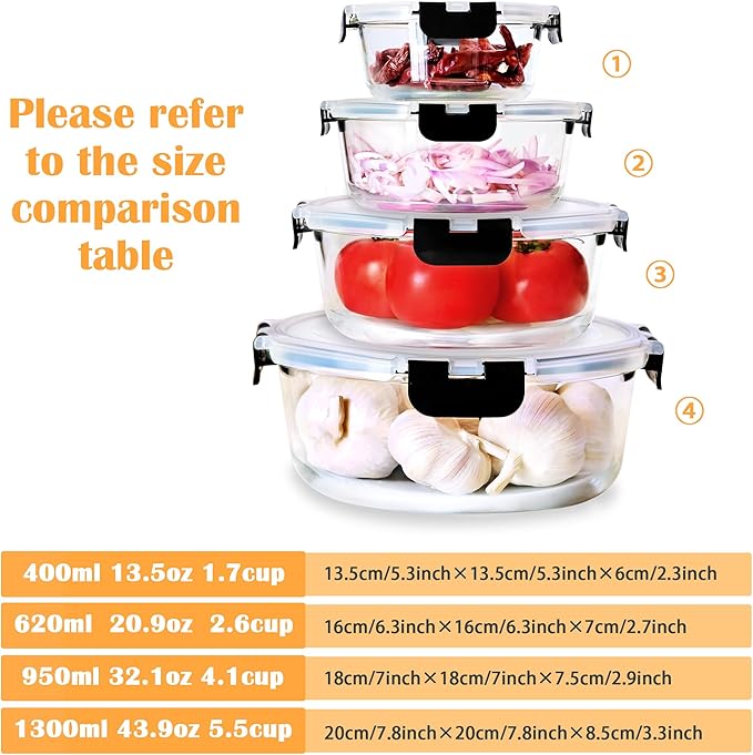 24 Piece (12 Food Storage Containers and 12 Lids),13.5+32.1 OZ Black Glass Storage Containers With Lids,Round Glass Meal Prep Containers,Microwaveable,Meal Preparation,Storage Containers