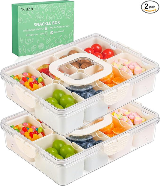 2 Pack Snackle Box Container - Dishwasher Safety Divided, Serving Tray with Lid and Handle - Charcuterie Board for Portable Snack Platters - Clear Organizer for Fruits Snacks,Perfect for Road Travel