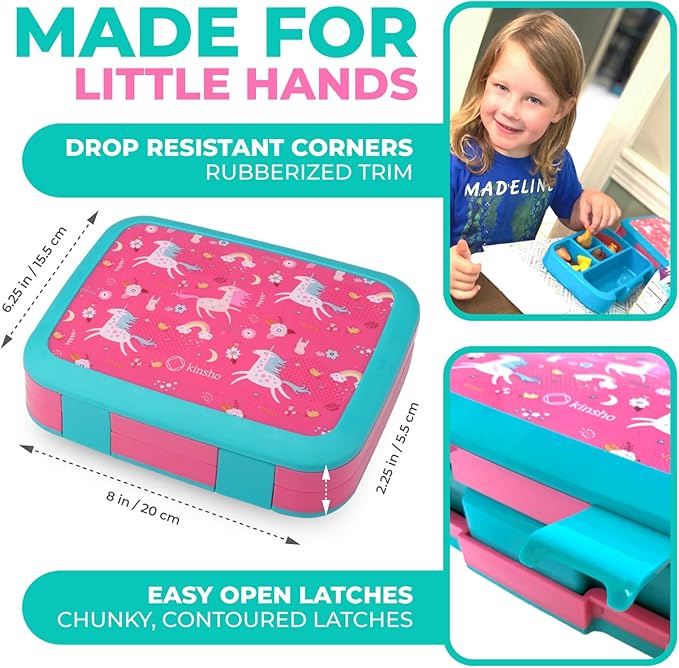 Unicorn Bento Lunch Box for Girls Toddlers, 5 Portion Control Sections, BPA Free Removable Plastic Tray, Pre-School Kid Toddler Girl Daycare Lunches, Snack Container Ages 3 to 7 Pink