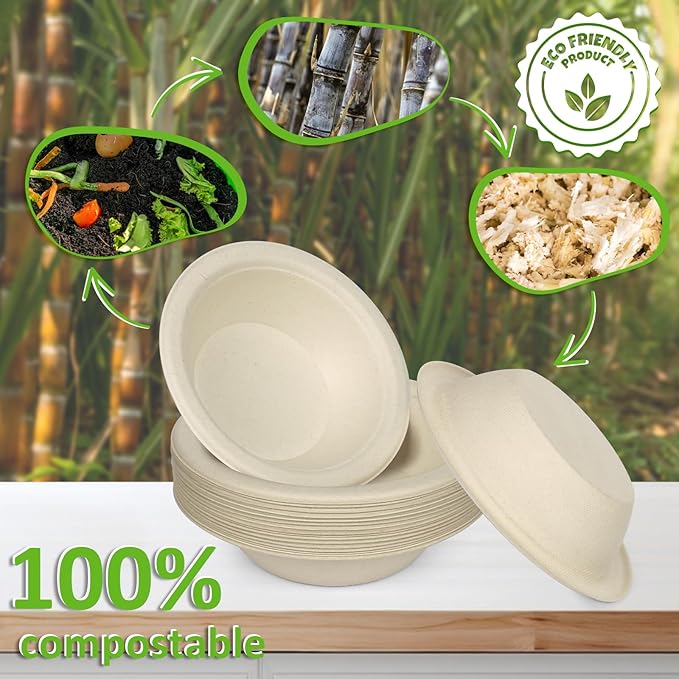 Paper Bowls, 100% Compostable Disposable Soup/Salad Bowls 12 Oz 125 Pack, PFAS-Free BPI Certified Eco-Friendly Hot/Cold Food Bowls, Natural Brown