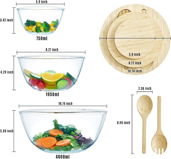 Glass Salad Bowls with Bamboo Lids & Utensils Set of 3, Large Capacity Serving Bowl Clear Mixing Bowls, 3pc Nesting Glass Containers with Wood Lids, Microwave Safe Baking Bowls for Kitchen