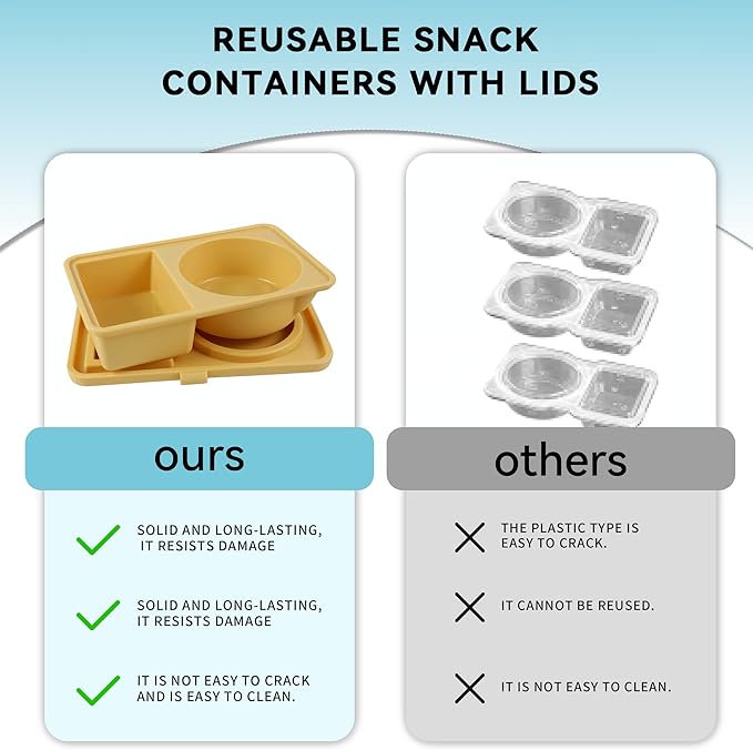 8Pcs Silicone Reusable Snack Containers, 2-Compartment Dipping Containers with Lid,For refrigerated, outdoor takeout, portion controlled snack sauce containers (4 Yellow+4 Blue,8Pcs)