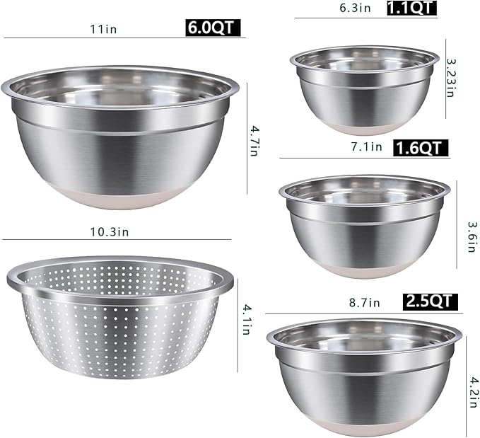 Stainless Steel Mixing Bowls with Lids - Nesting Bowl Set with Airtight Lids, Colander Bowl & Grater Plate for Kitchen Prep, Cooking, Baking, and Meal Prep (1.1QT to 6.1QT), Non-Slip, Khaki