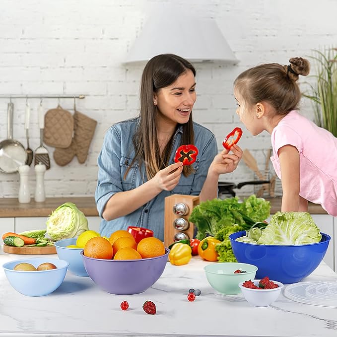 6-Piece Plastic Mixing Bowl Set with Lids for Kitchen, Nesting Storage Bowls for Baking, Prepping,Cooking and Serving Food, Dishwasher, Microwave Safe,Great for Mixing & Serving,Dark blue
