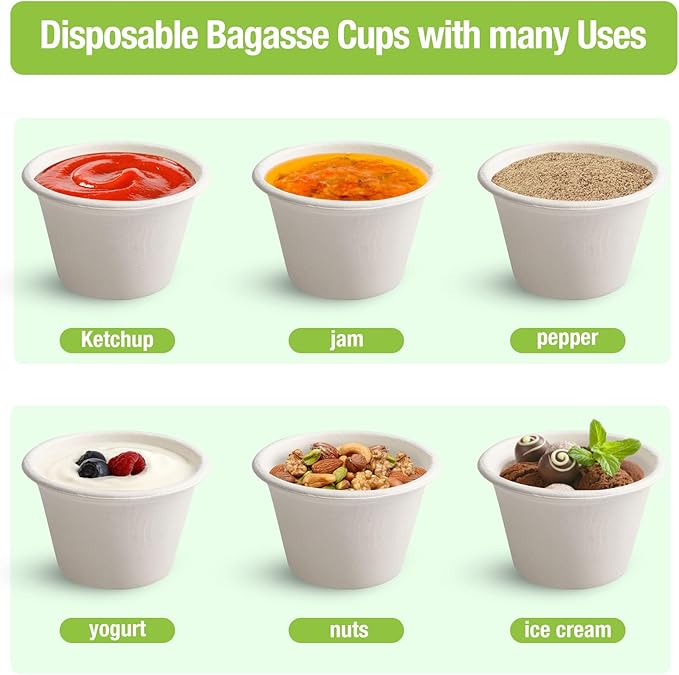 Blcculi 500 Pack Compostable Portion Cups,2 OZ Disposable Souffle Cups,White Bagasse Fiber Cups,Biodegradable Sauces Cups,Compostable Condiment Cups,Sample Cups for Snack, Salad, Dressing