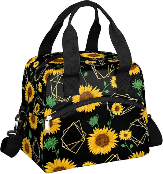 Pardick Sunflower Insulated Lunch Bag Flower Geometry Lunch Box for Women Girl with Shoulder Strap Tote Bag Reusable Large Containers Meal Prep for School Work Travel Picnic Thermal Cooler Bag
