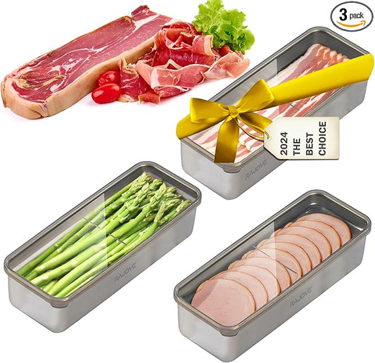 3 Pack Deepen Bacon Storage Containers for Fridge, 304 Stainless Steel Food Storage Container With Removable Drain Tray, Deli Meat Containers with Lids, Dishwasher Safe, Keeps Fruits, Vegetables Fresh