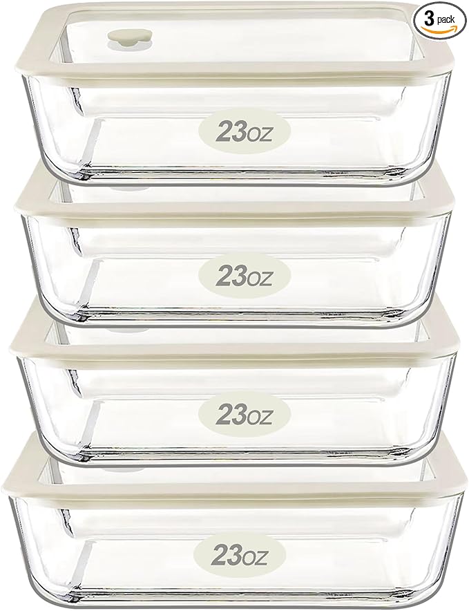 Urban Green Glass Food Container Set with Glass Lid, 4 Pack, Glass Containers with Silicone Framed Glass Lid, Airtight, LeakProof, 100% Plastic Free, Glass Meal Prep Containers (White Color)
