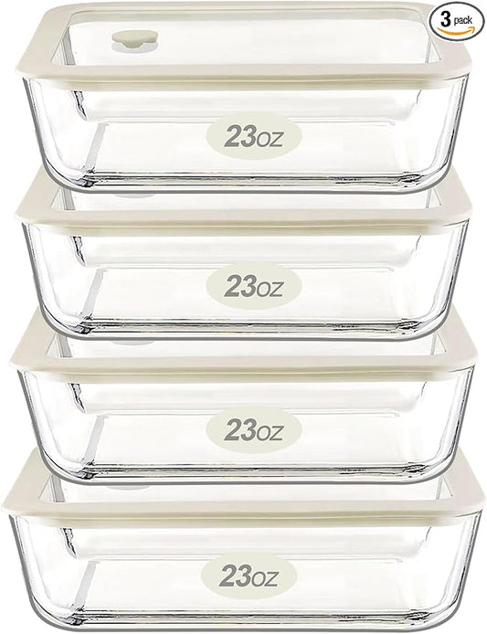 Urban Green Glass Food Container Set with Glass Lid, 4 Pack, Glass Containers with Silicone Framed Glass Lid, Airtight, LeakProof, 100% Plastic Free, Glass Meal Prep Containers (White Color)