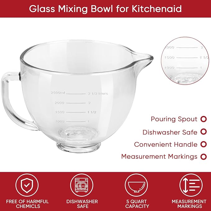 Tilt-Head Stand Mixer Glass Bowl, 5 QT,Compatible with Kitchenaid Artisan&Classic Series,Glass Bowl with Lid,Mixer Bowl Cover to Prevent Spilling of Ingredients,Contemporary with Grey Lid