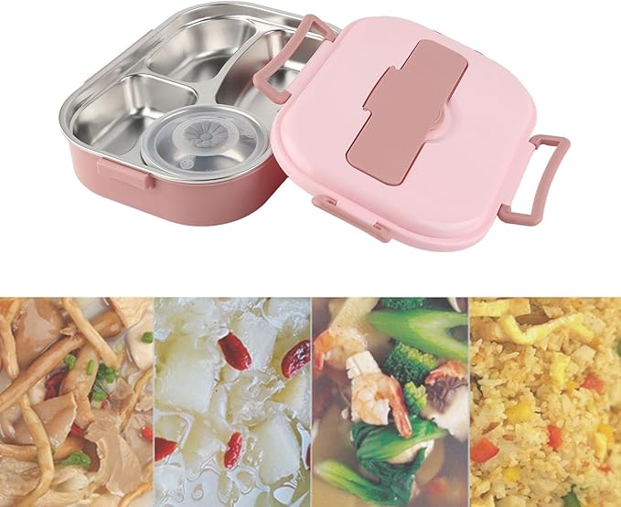 Raguso Boxs Dinnerware 4?Grid Lunch Box Stainless Steel Meal Prep Containers,for Canteens Office Family Food Storage Container (Four-compartment lunch box with soup bowl: pink)