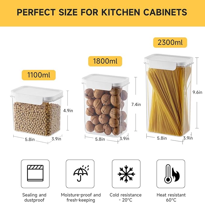 Storage Cereal Organizers Containers Sets , Food Grade BPA free PET Material Reusable，Airtight food storage containers with lids， kitchen organizers and storage Total(2 pcs 2300ml 2 pcs 1800ml)