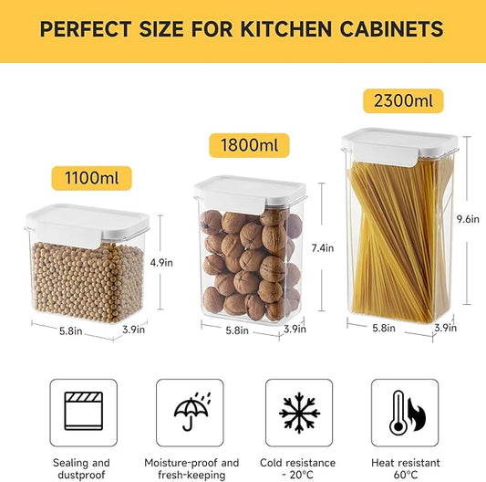 Storage Cereal Organizers Containers Sets , Food Grade BPA free PET Material Reusable，Airtight food storage containers with lids， kitchen organizers and storage Total(2 pcs 2300ml 2 pcs 1800ml)