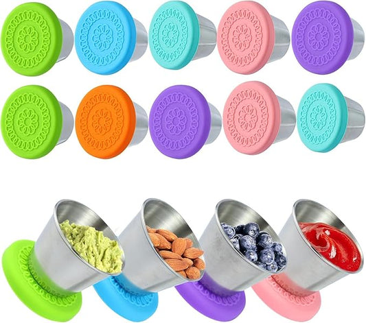 10 Pcs 2.5 oz Salad Dressing Container To Go, Stainless Steel Condiment Containers Cups with Silicone Lids, Leakproof & Reusable Sauce Containers for Snacks, Dipping Sauce,Ice Cream