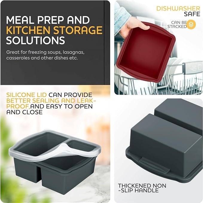 Silicone Freezer Trays with Lids, Set of 4 - with 1cup and 2 cup Silicone Freezer Molds for freezing soups, sauces and individual microwave safe