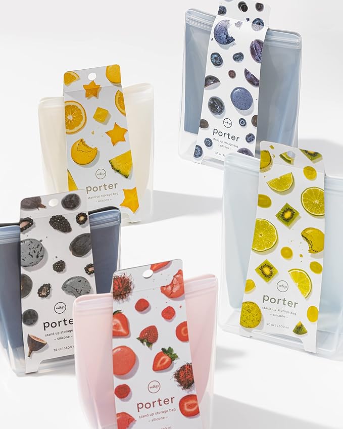 W&P Porter Silicone Reusable Storage Bags, Variety 5 Pack (10oz, 34oz, 46oz, 36oz, 50oz), Blush, Food Storage Container, Microwave and Dishwasher Safe, Easy Cleaning