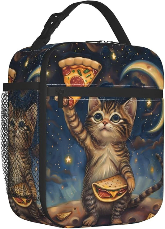Insulated Lunch Box for Kids Boys Girls, Reusable Lunch Bag for School, Office, Work, Picnic, Travel, Cute Cosmic Cat Pizza Lunch Box