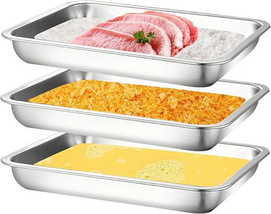 3Pcs Stainless Steel Breading Trays Set, Breading Dishes for Chicken Breasts, Marinating Meat and Prepping Meals (10.4" x 7.7" x 1.9")