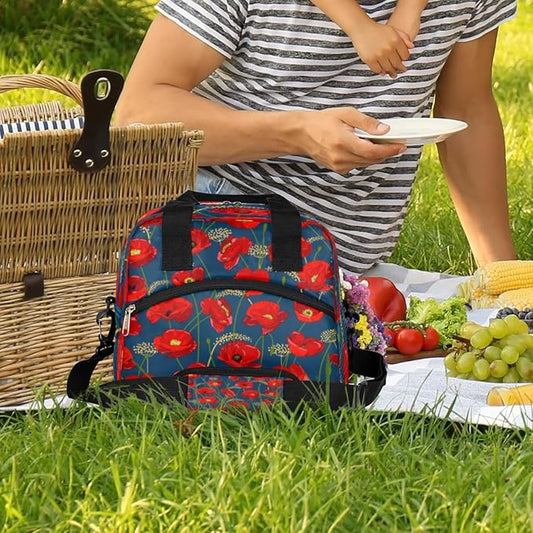 Insulated Lunch Bag for Women Men Poppies Pattern Leakproof Cooler Tote Bag Large Reusable Adult Lunch Box with Adjustable Shoulder Strap for Office Work Picnic Travel Beach