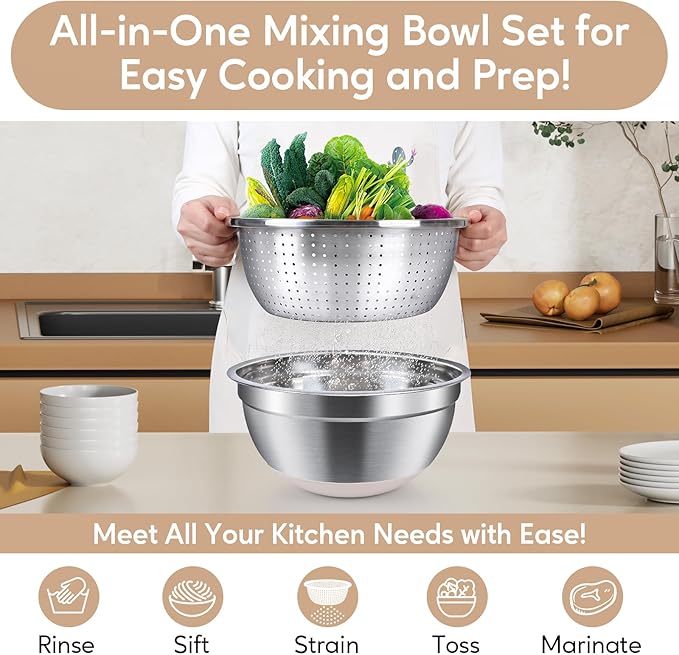 Stainless Steel Mixing Bowls with Lids - Nesting Bowl Set with Airtight Lids, Colander Bowl & Grater Plate for Kitchen Prep, Cooking, Baking, and Meal Prep (1.1QT to 6.1QT), Non-Slip, Khaki